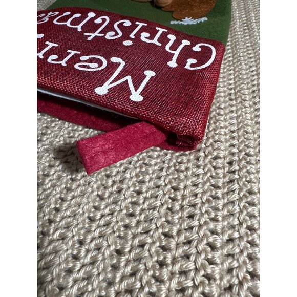 Festive Christmas Stocking w/ Faux Fur 3D Reindeer Design Snowflakes Green Red - Picture 3 of 6